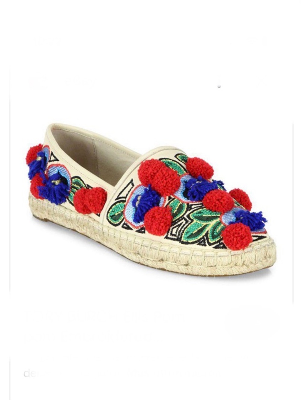 Tory Burch Cream Espadrille with Red & Blue Pom-Poms